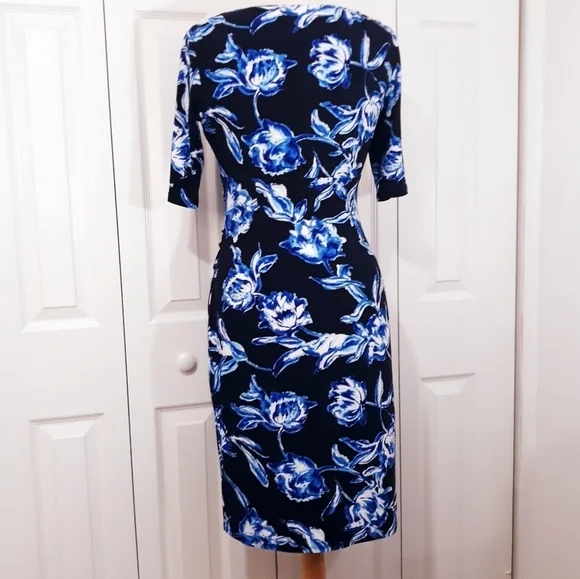 Lauren Ralph Lauren Dress Short Sleeve Floral on Navy Blue Sthetcy Size 6 - Picture 7 of 14